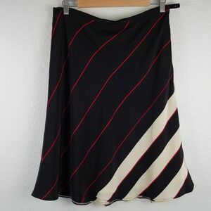 WORTH Black Red Cream Stripe Silk Midi Skirt Size 10